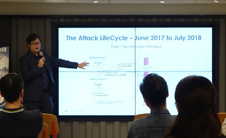 Speaker explaining the cyberattack lifecycle from 2017 to 2018